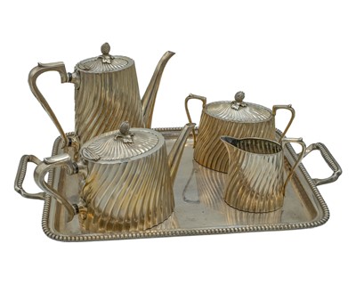 Lot 129 - A silver-plated four-piece wrythen-fluted teaset, and a rectangular tray.
