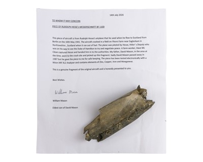 Lot 63 - WWII German aircraft relic, Deputy Führer Rudolf Walter Richard Hess.