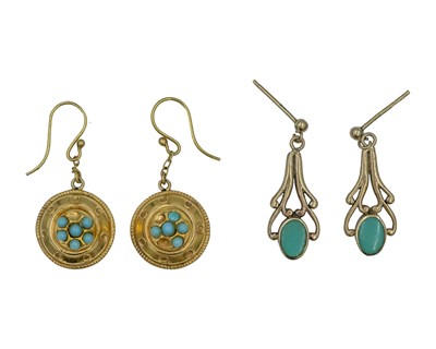 Lot 118 - A pair of 9k yellow gold and turquoise Etruscan Revival-style drop earrings.
