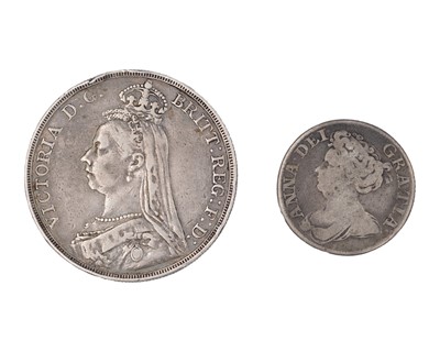 Lot 47 - A Queen Anne 1711 shilling, and a Queen Victoria 1889 silver crown.