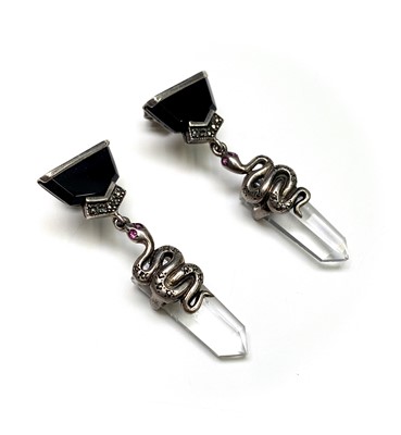 Lot 2498 - A pair of silver onyx and crystal snake earrings
