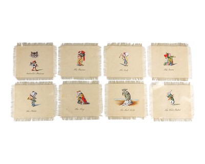 Lot 629 - A group of eight finely painted silk Alice in Wonderland place mats.