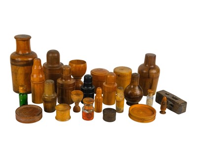Lot 451 - A group of boxwood and other pharmaceutical bottle holders and containers.