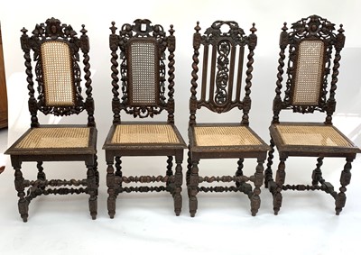 Lot 3224 - Four 19th century carved oak chairs with cane...