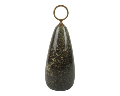 Lot 18 - A Cornish red serpentine doorstop with brass loop handle.