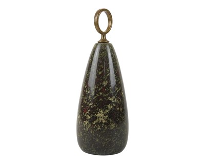 Lot 18 - A Cornish red serpentine doorstop with brass loop handle.