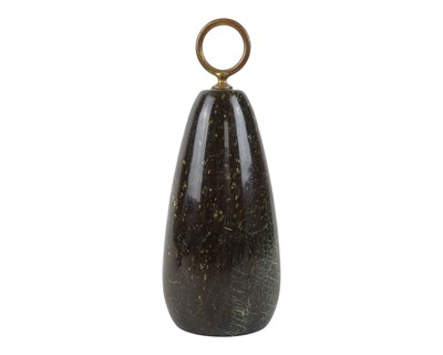 Lot 99 - A Cornish red serpentine doorstop with brass loop handle.