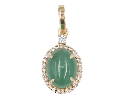 Lot 136 - A 9k yellow gold oval cabochon emerald and white sapphire set pendant.