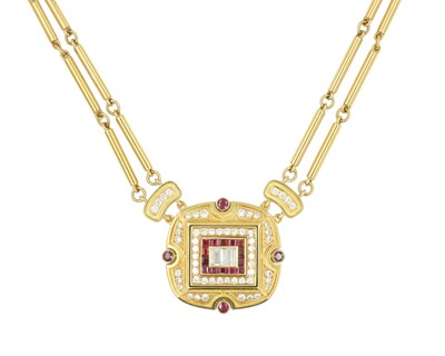 Lot 192 - LEO DE VROOMEN (1941-2025)- A fine 18k diamond and ruby set pendant necklace.