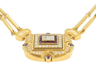 Lot 192 - LEO DE VROOMEN (1941-2025)- A fine 18k diamond and ruby set pendant necklace.