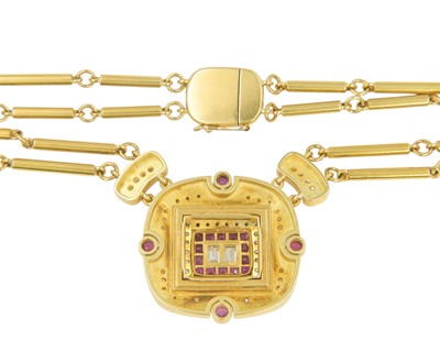 Lot 192 - LEO DE VROOMEN (1941-2025)- A fine 18k diamond and ruby set pendant necklace.
