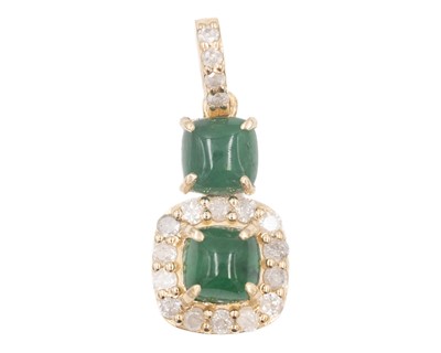 Lot 182 - A 9k yellow gold 1.50ct cushion cabochon emerald and diamond set pendant.