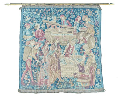 Lot 634 - A French tapestry wall hanging, 'Le Pressage'.