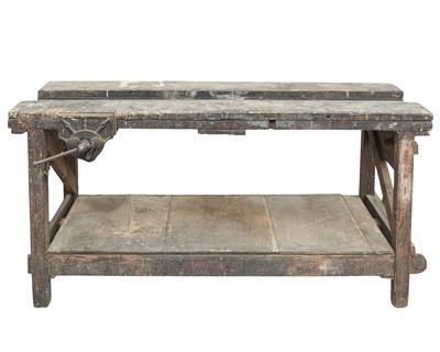 Lot 908 - A vintage pine two tier workbench.