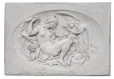 Lot 19 - A large cast plaster plaque, depicting a classical maiden, putti and dolphins.