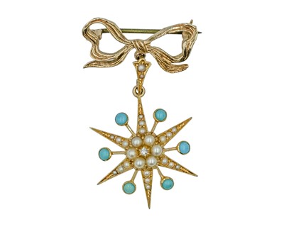 Lot 180 - A Victorian star pendant, set with a diamond, seed pearls and turquoise, on later 9k bow brooch.