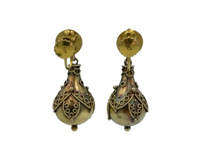 Lot 181 - A good pair of Victorian Etruscan Revival pendant earrings, in high-purity gold.