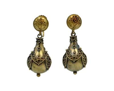 Lot 181 - A good pair of Victorian Etruscan Revival pendant earrings, in high-purity gold.