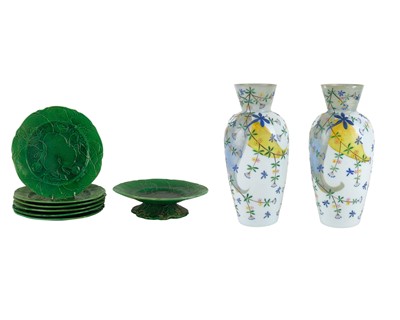 Lot 696 - A set of six Victorian green leaf lily moulded plates.