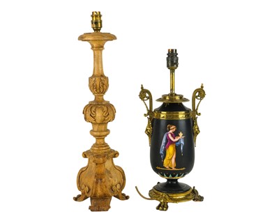 Lot 784 - A 19th century continental porcelain and gilt brass table lamp.