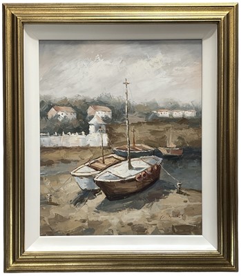 Lot 8 - A well-executed oil on canvas, Moored Fishing...