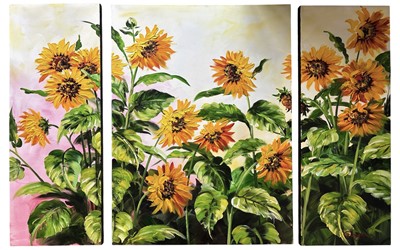 Lot 98 - Sunflowers, three acrylics on canvas, signed G...