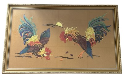 Lot 144 - A vintage crewel work embroidery of two...