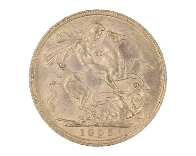 Lot 218 - An Edward VII 1905 Melbourne mint full sovereign gold coin.