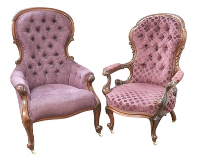 Lot 940 - Two Victorian button back armchairs.