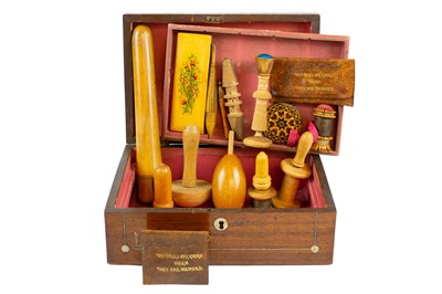 Lot 619 - Sewing Accessories. A Victorian rosewood and mother of pearl inlaid work box, with contents.