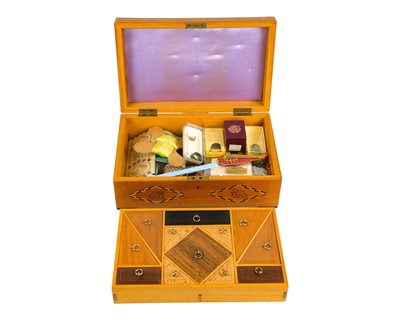 Lot 626 - Sewing Accessories - An Indian specimen wood work box with inlaid decoration to top and sides.