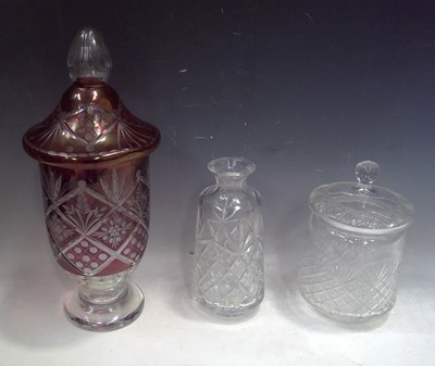 Lot 25 - A Cut Glass Plum Coloured Urn, A Barrel with...