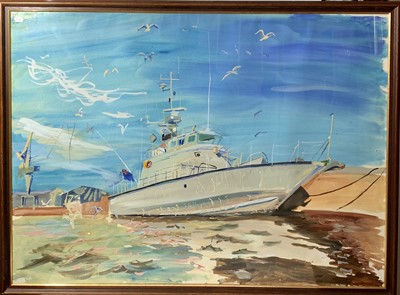 Lot 683 - Robert SODEN (1955) A dockside launch, she...