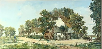 Lot 1198 - Farmstead Post-war oil on canvas 38 x 76cm