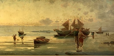 Lot 1211 - W RICHARDS Fisherfolk, Low Tide Oil on canvas...