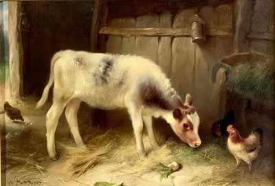 Lot 1225 - Walter HUNT (1861-1941) A Calf and Hens...