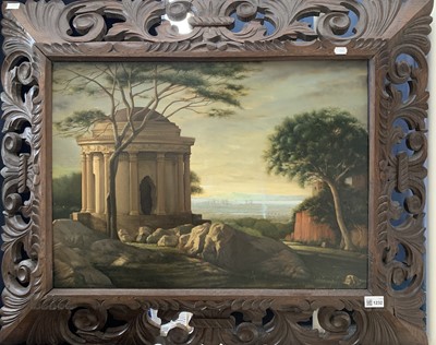 Lot 1232 - Coastal temple Oil on canvas in wide, carved &...