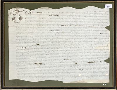 Lot 1308 - An indenture on vellum, 1650, framed.