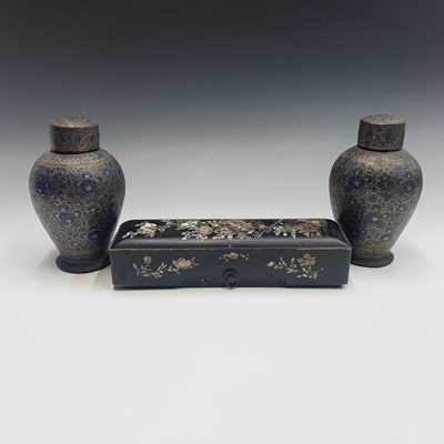 Lot 398 - A pair of Kashmir lacquer vases and covers,...