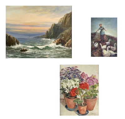 Lot 287 - F HEATON Potted plants Oil on board Signed and...