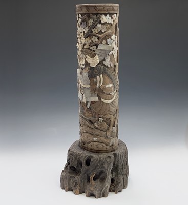 Lot 233 - A Japanese sibayama bamboo brush pot, 19th...