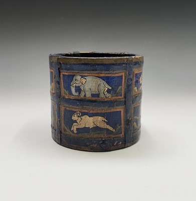 Lot 415 - An Indian blue painted wood circular pot, the...
