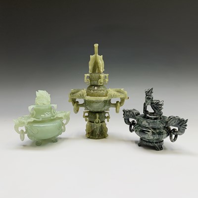 Lot 322 - Three Chinese hardstone censers, height of...