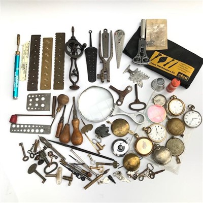 Lot 2633 - Watch maker's tools, parts, damaged pocket...