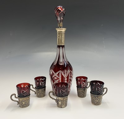 Lot 131 - A Bohemian silver mounted cut overlay decanter...