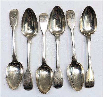 Lot 2073 - A set of six silver William IV fiddle pattern...