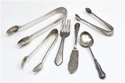 Lot 2096 - Three pairs of silver sugar tongs together...