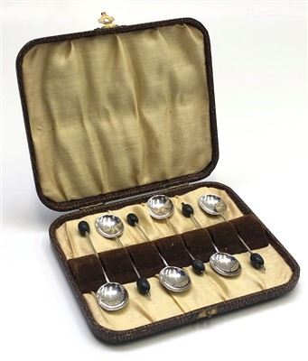 Lot 2110 - A set of six silver coffee spoons with coffee...