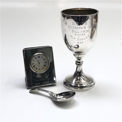 Lot 2117 - A silver trophy cup, a silver caddy spoon and...