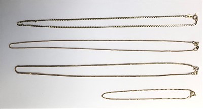 Lot 2606 - Four 14ct gold chains, 13.6g.